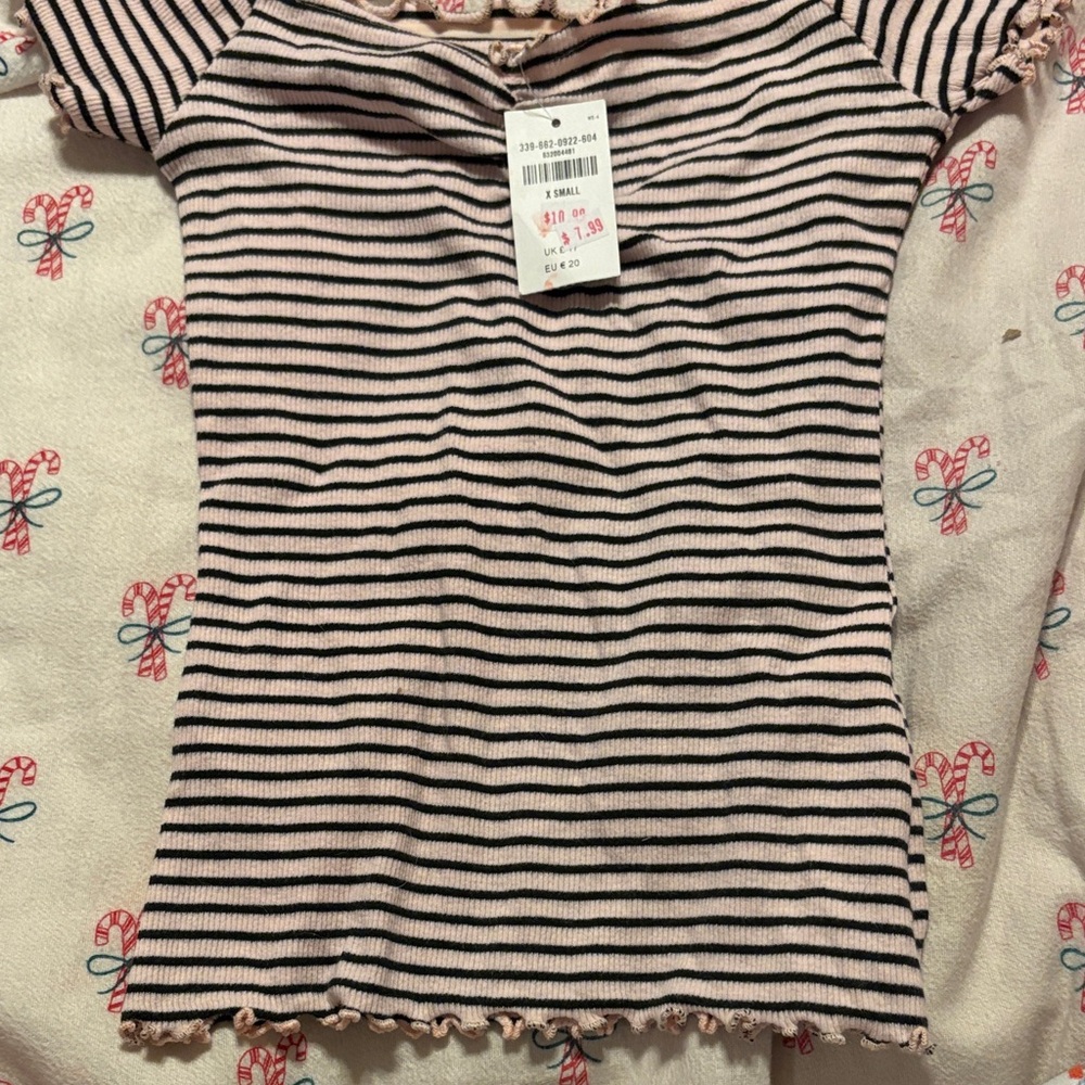Hollister Pink and Black Striped Off-Shoulder Ribbed Tee - Picture 2 of 3